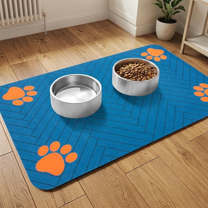 Pet Feeding Mat-Absorbent Dog Feeding Mat for Food and Water Bowl,No Stains Pet Placemat,Quick Drying Water Dispenser Mat for Dog and Cat,Easy to Clean Dog Accessories(L,Navyblue)