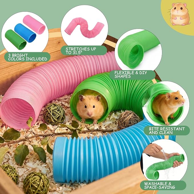 19 PCS Hamster Tubes and Wood Hamster Chew Toys, Natural Guinea Pig Chew Toys for Enrichment, Pet Cage Accessories for Syrian, Cage Accessories for Teeth Care & Boredom Relief (Pink Blue Green)