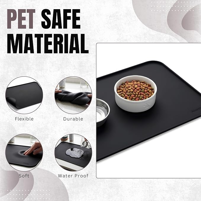 Silicone Pet Feeding Mat 2 Pack 19 x 12 Inch Waterproof Dog & Cat Food Mat with Raised Edge, Non Slip BPA Free Dog Bowl Mat for Food and Water Bowls, Spill Proof Floor Protector (Black)