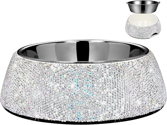 SlowVibes Bling Stainless Steel Dog Bowls,18oz Detachable Rhinestone Metal Food Water Bowl for Feeding Dogs Cats,Rust Resistant Non-Slip Puppy Dish,Sparkle Essentials for Small Medium Large Girl Pets