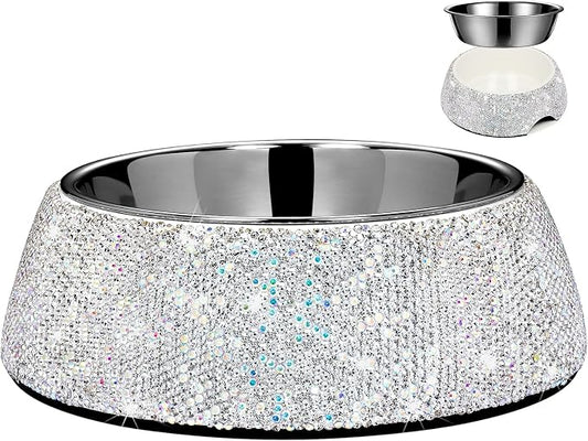 SlowVibes Bling Stainless Steel Dog Bowls,18oz Detachable Rhinestone Metal Food Water Bowl for Feeding Dogs Cats,Rust Resistant Non-Slip Puppy Dish,Sparkle Essentials for Small Medium Large Girl Pets