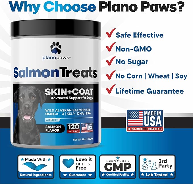 Plano Paws Wild Alaskan Salmon Oil for Dogs - Omega 3 Chews for Skin Coat Shedding Itch Relief - Supports Heart Mobility Cognition - 120 Soft Chews
