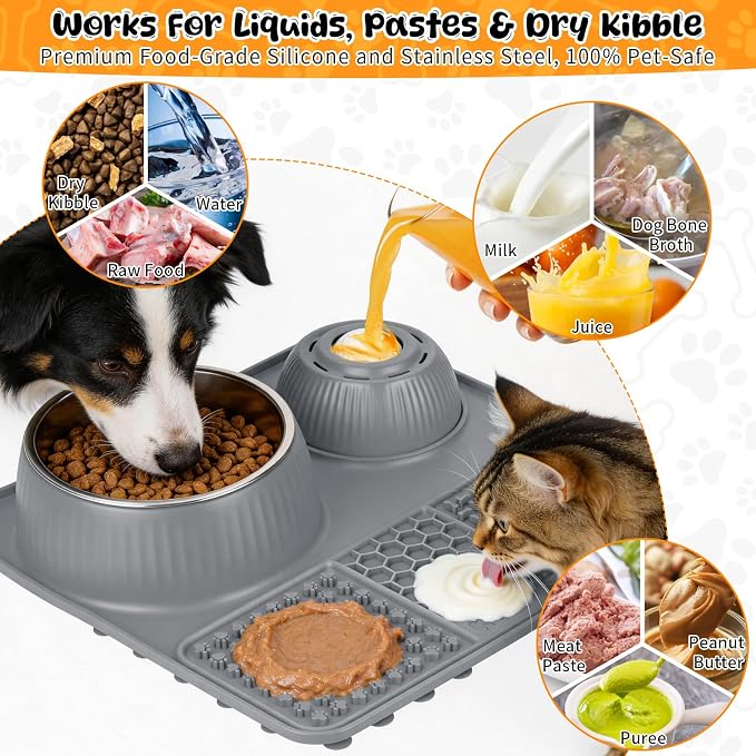 Dog Lick Bowl with Rolling Ball for Liquid and Thick Treat—3 in 1 Slow Feeder Dog Bowls+Lick Mat+50oz Stainless Steel Food Bowl,Anti-Slip 5/6 Cup Licking Toy for Medium Large Dogs and Cats Grey