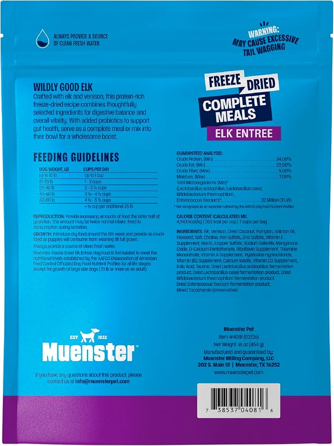 Muenster Freeze Dried Elk Bites - Dog Food, Treat, Mixer or Topper (16oz) - Grain-Free