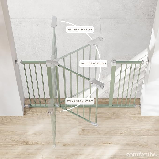 Comfy Cubs Baby Safety Gate with 3 Extensions - Adjustable 42" x 1.9" x 30" Q195 Steel Doorway Barrier - Powder-Coated Finish for Stairs and Doorways - Walk-Through Design Pet Gate - Sage