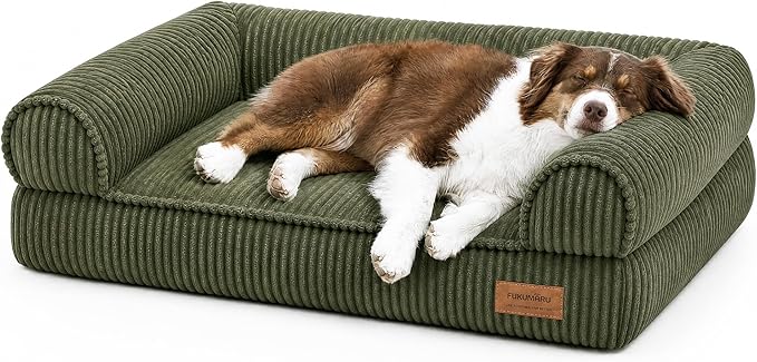FUKUMARU Cute Dog Bed, Thickened Orthopedic Dogs Couch, 36in Egg Crate Foam Pet Sofa for Medium to Large Dogs, Waterproof Warm Corduroy Pet Bed with Washable Cover, Green