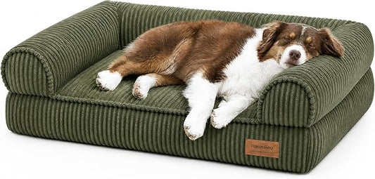 FUKUMARU Cute Dog Bed, Thickened Orthopedic Dogs Couch, 36in Egg Crate Foam Pet Sofa for Medium to Large Dogs, Waterproof Warm Corduroy Pet Bed with Washable Cover, Green