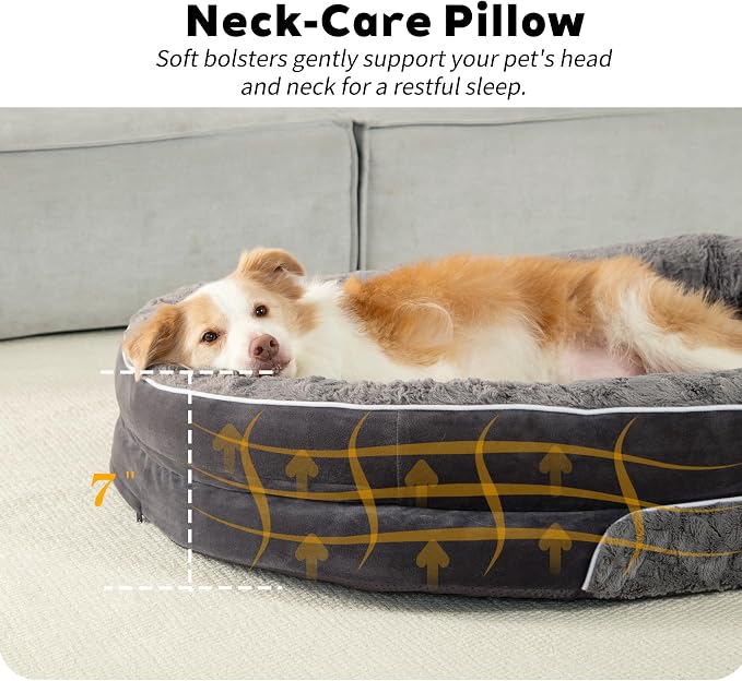 Orthopedic Dog Bed Couch for XLarge Sized Pets with Egg Foam Support, Four-Sided Bolster Cushions, Soft Tear-Resistant Fabric, and Removable Machine Washable Plush Cover, 42'', Dark Gray