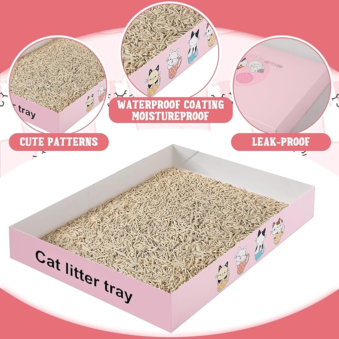 Roshtia 30 Pcs Disposable Cat Litter Box Foldable Paper Kitty Tray 13.8 x 10 x 2 Inch Portable Kitten Pan Low Entry Lightweight Cardboard(Cat Litter Tray,Pink)