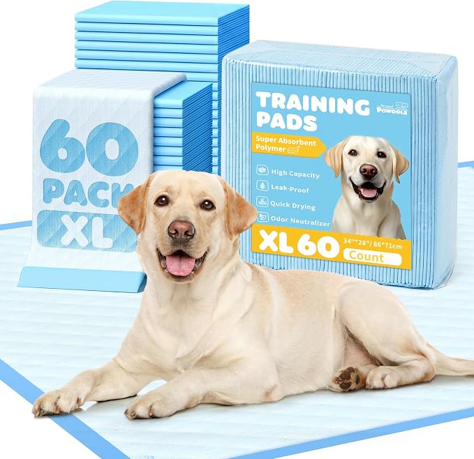 Powools Puppy Pads - XL 34'' x 28'' Dog Training Pads with Fast Absorb Core & Leak-Proof Backing, Quick-Dry Dog Pee Pads for Home, Travel & Crates, 60 Count