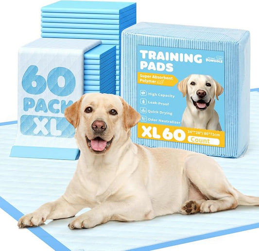 Powools Puppy Pads - XL 34'' x 28'' Dog Training Pads with Fast Absorb Core & Leak-Proof Backing, Quick-Dry Dog Pee Pads for Home, Travel & Crates, 60 Count