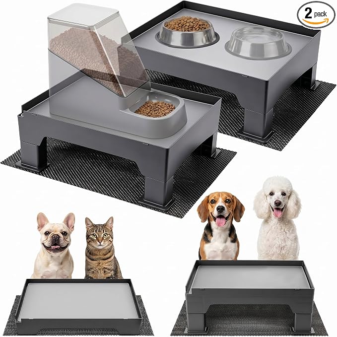 2 Set Adjustable Raised Dog Bowl Stand and 100% Waterproof & Non-Slip Mat, Elevated Dog Bowl Stand for Small Medium Sized, Easy-Clean Silicone Pet Food Mat- Neck Strain Relief & Protect Your Floors