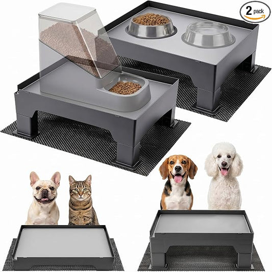 2 Set Adjustable Raised Dog Bowl Stand and 100% Waterproof & Non-Slip Mat, Elevated Dog Bowl Stand for Small Medium Sized, Easy-Clean Silicone Pet Food Mat- Neck Strain Relief & Protect Your Floors