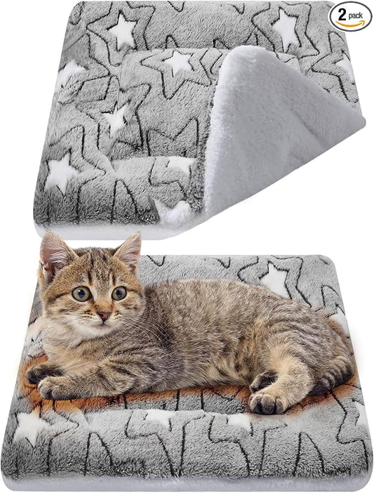 VitalCozy 2 Pack Self Warming Cat Mat Self Heating Pad Bed Reversible Machine Washable Reflects Body Heat Warm Thermal Pet Pad Crate Blanket for Feral and Indoor Cat(Grey,17'' X 17'',Double Star)