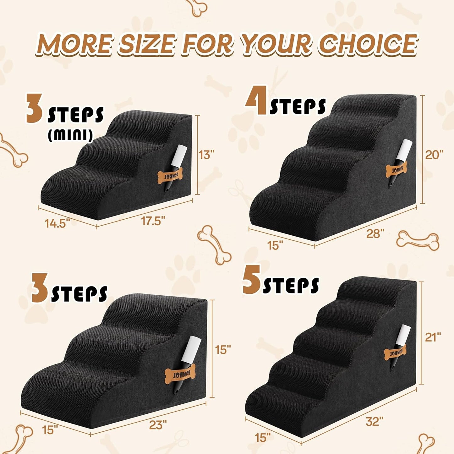Romrol Dog Stairs Ramp for Beds Couches, Extra Wide Pet Steps with Durable Non-Slip Waterproof Fabric Cover, Dog Slope Stairs for Small Dogs and Cats or Pets Friendly, 3-Tiers, 13 Inch,Black