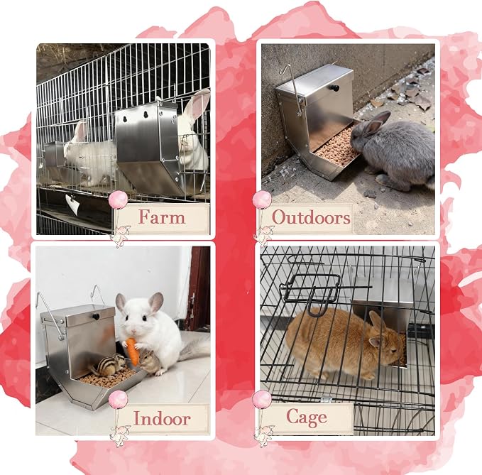 Rabbits Feeder 2 Pcs - Gravity Feeding for Cage Stainless Steel 4Lbs 6.2 Inch, Anti-Corrosion Durable with Sliding Lid for Pet Small Animal Indoor Outdoor Use, Holds Several Days' Food