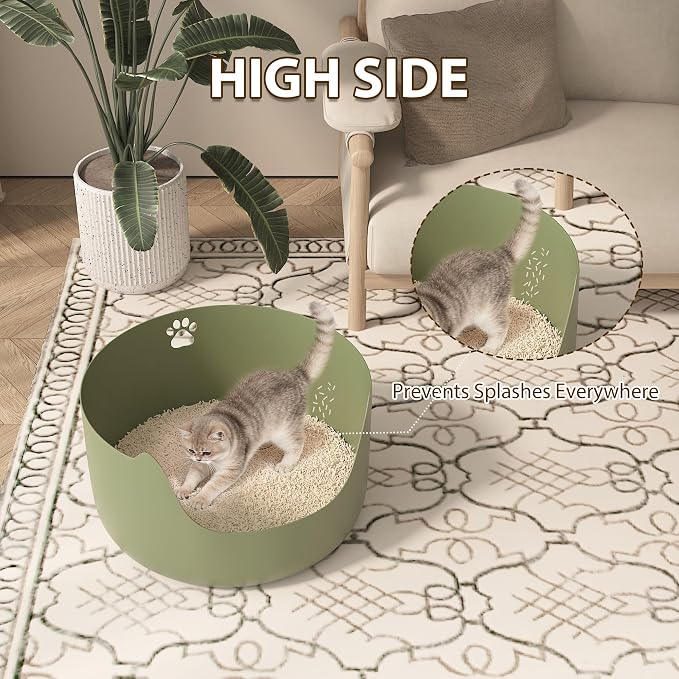 High Sides Low Entry Large Litter Pan (21.6x21.6x13.1 Inches), All-in-One Easy to Clean Plastic Litter Box for Kittens, Elderly & Large Cats, Doubles as Stylish Cat Bed, Green