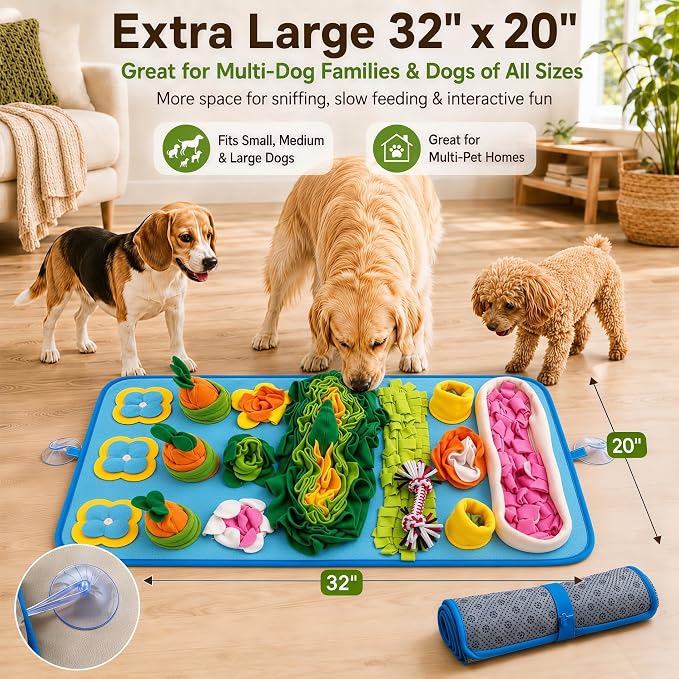 Snuffle Mat for Dogs – Extra Large 32'' x 20'', Washable Slow Feeder Dog Toy, Durable Interactive Dog Puzzle for Mental Stimulation & Nosework Training, with Anti-Slip Suction Cups