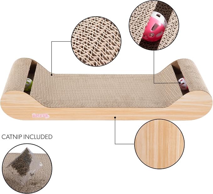 Rini 23.75" Modern Cardboard Cat Scratcher Lounge Bed with Built-in Bell Toys and Catnip, Ergonomic Curved Sofa Design, Oak Wood Finish CSR1003C