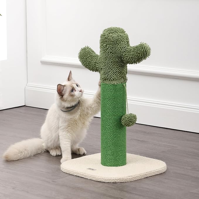 CTR1000A Pecos 21" Modern Jute Cactus Cat Scratching Post with Fuzzy Toy, Green/White
