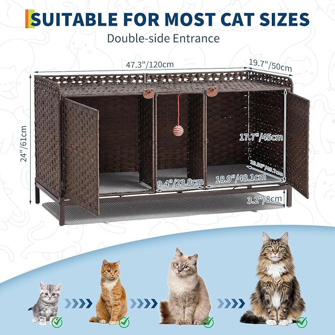 Cat Litter Box Enclosure Furniture, Handwoven Rattan Cat Houses, Hidden Cat Washroom Furniture with Door/Mat, Large Space Cat Houses with S-Shaped Hooks, Living Room, Bedroom, Brown