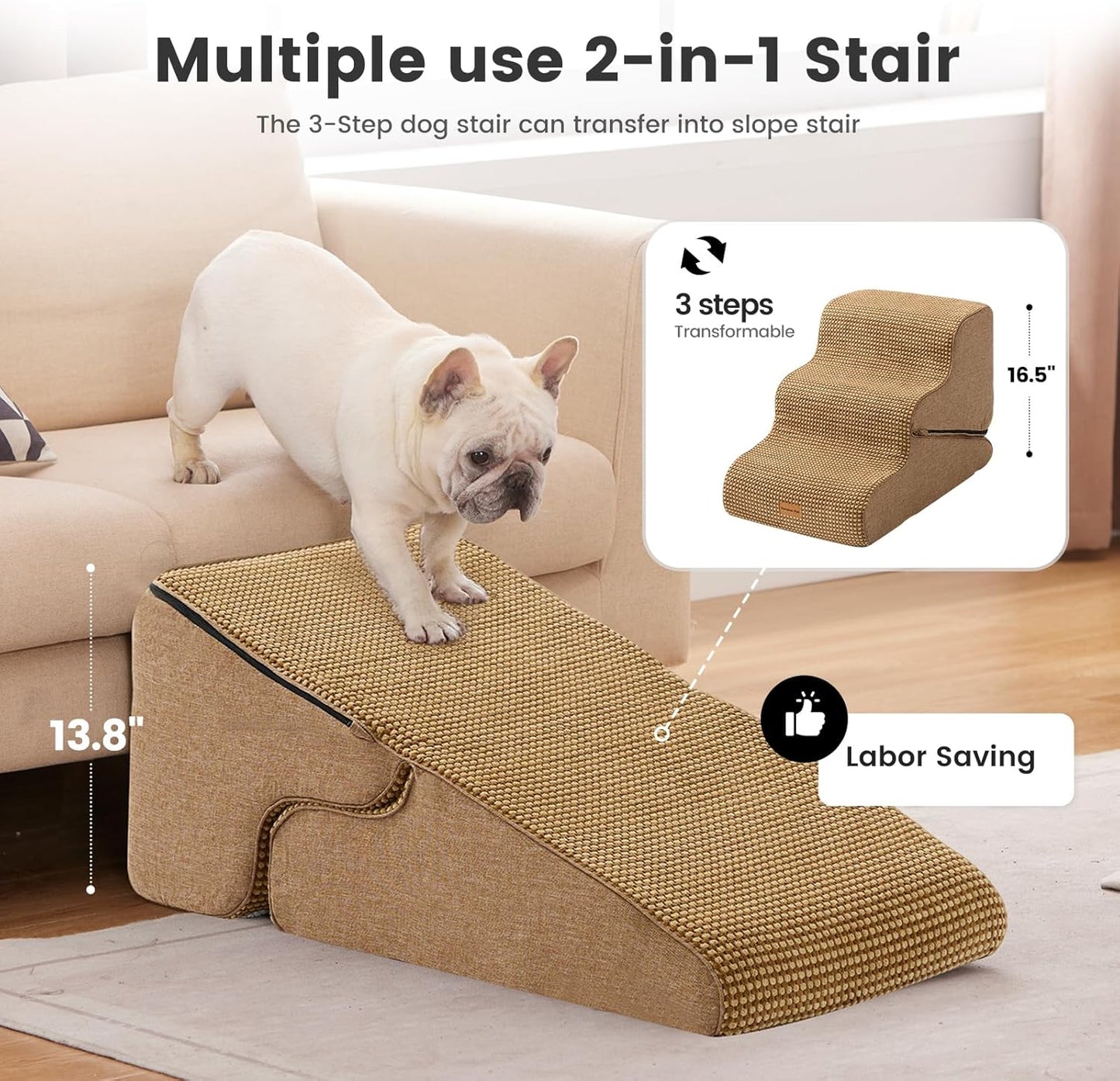 Gardner Pet Dog Stairs for Small Dogs 16.5" H, 2 in 1 Transformable 3-Step Pet Stairs and Dog Ramp for Couch (13-20 in), Brown Adjustable Pet Steps with Non-Slip Waterproof Cover and CertiPUR-US Foam