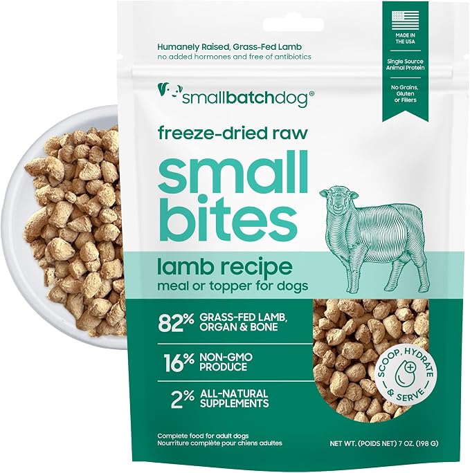 smallbatch Pets Freeze-Dried Raw Dog Food – Lamb Recipe – 7oz Small Bites – High Protein, Grain Free – Complete Meal or Topper – Made in USA with Organic Superfoods (7 Oz, Lamb)