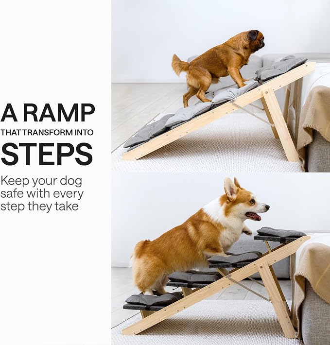 Folding Dog Ramp for Bed and Car - Transforms into Step Dog Stairs for Small, Medium, Large Breeds - Wooden Pet Stairs for Dogs to Get on Bed - Folding Pet Steps for Indoor & Outdoor Use