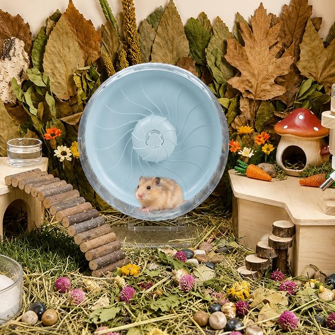 Silent Hamster Wheel, 8in Hamster Wheel with Adjustable Stand, Double-Bearing Quiet Spinner for Syrian Hamsters, Hedgehogs, Mice & Small Pets, Blue