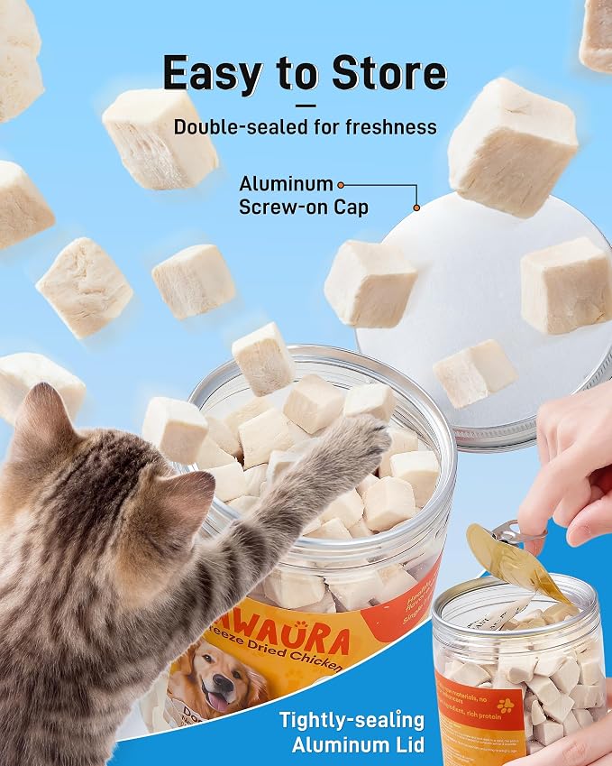 Freeze Dried Chicken Cats & Dogs Treats, High Protein Single Ingredient - No Additives | Grain Free | Training & Nutrition Supplements, Sealed Box, 3.52oz