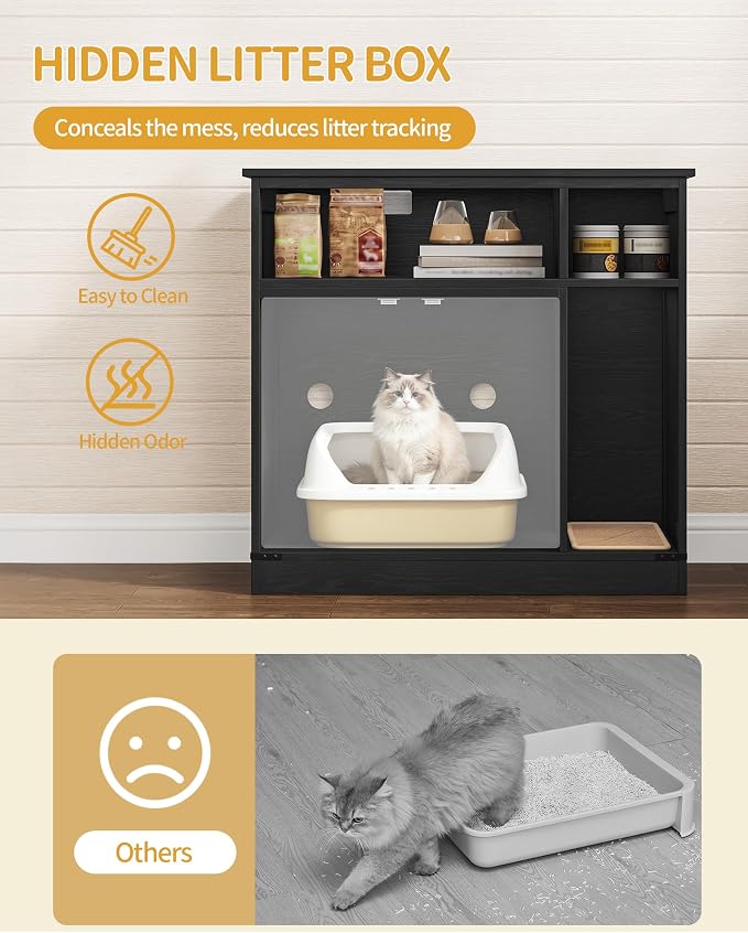 Hzuaneri Cat Litter Box Enclosure, Hidden Litter Box Furniture with Storage, Wooden Cat Cabinet with Scratch Pad, Farmhouse Cat Washroom, TV Stand End Table, Black CB87504X