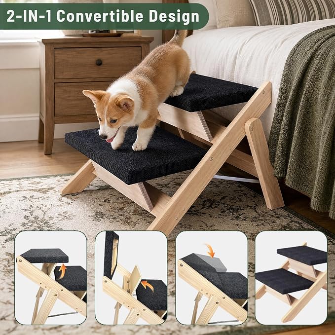 Dog Stairs/Ramp for Bed, Wooden 2-in-1 Foldable Pet Stairs & Ramp, Portable Dog Step Up to 180 Pound for Elderly/Short-Legged Dogs, 2 Steps for Beds, Couch