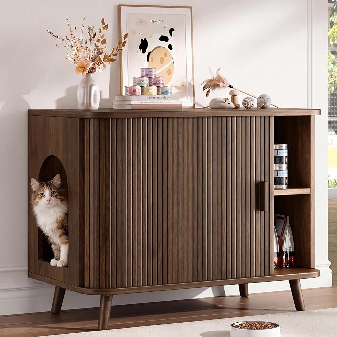 35.4" Cat Litter Box Enclosure with Sliding Door – Wooden Hidden Litter Box Furniture with 2-Layer Shelves, Side End Table for Living Room, Brown