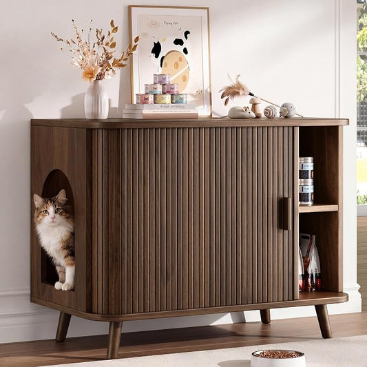 35.4" Cat Litter Box Enclosure with Sliding Door – Wooden Hidden Litter Box Furniture with 2-Layer Shelves, Side End Table for Living Room, Brown