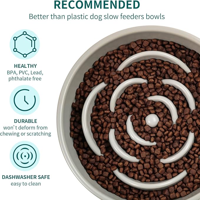 Grey Ceramic Dog Bowl Slow Feeder for Medium and Large Breed,1.5 Cup 8.26 in Slow Feeding Bowl,Puzzle Dog Food Bowl for Fast Eater,Maze Dish for Fast Eater