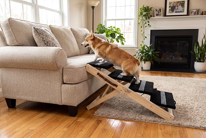 Wooden Dog Ramp for Bed and Couch, 4 Adjustable Heights Folding Pet Ramp with High Traction Fabric Surface, Portable Solid Pine Wood Dog Steps for Couch, Max 25KG (X Trumpet)