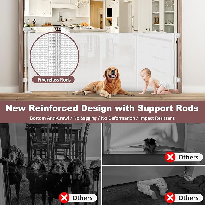Reinforced 41 Inch Tall Retractable Dog Gate 80 Inch Extra Wide Baby Gate with Support Rods – Prevents Crawling Under, Indoor Retractable Baby Gates Outdoor Extra Tall Pet Gate, White
