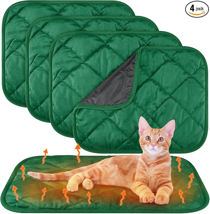 4 Pack Self Heating Cat Pad Self Warming Dog Mat Reflects Body Heat Extra Warm Thermal Pet Pad Washable Dog Cat Bed Crate Bed Mat Blanket(Dark Green,16 x 20 Inch)