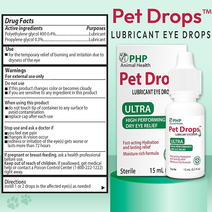 Ultra Lubricant Pet Drops 15 ml - Eye Drops for Cats and Dogs - Moisture Rich Formula, Fast Acting Hydration Dogs Eye Drop for Dry Eyes, Artificial Tears for Extra Dry Eye ( U.S Made )