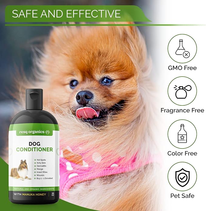 Hypoallergenic Dog Coat Conditioner- Detangles & Softens Fur, Calms Itching & Dryness, Organic Aloe Vera & Manuka Honey Soothes The Skin, Reduces Dandruff, Shedding, Scratching and More.