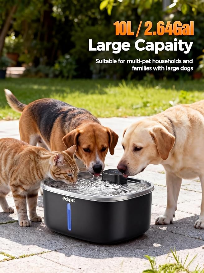 Dog Cat Water Fountain Doggy Spout Water Bowl, Stainless Steel, Large Dog, Fresh Flow, 10L Pet Dispenser with Deeper Wider Drinking Area, LED Window, Multi-Filtration - Wireless 1Filter