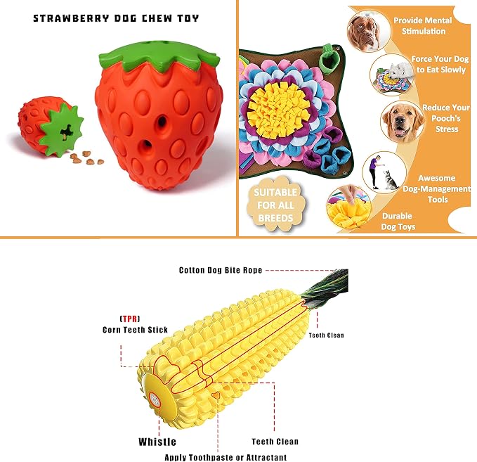 Dog Snuffle Mat, Slow Feeding Lick Pad, Strawberry Dog Chew, Corn Squeak Puppy Toy for Small Medium Large Breeds, Interactive Puzzle Toys for Training Foraging Enrichment Skills