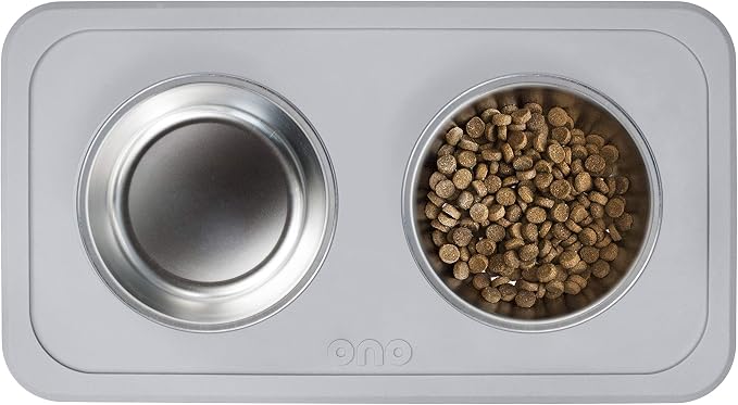 Ono Good Bowl Food & Water Double Feeder - Small to Medium Pets No Spill Non Skid Silicone Mat & Stainless Steel Bowls for Dogs or Cats (Cool Gray)