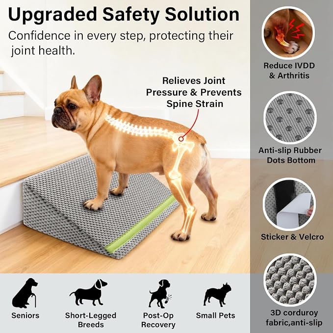 JoyBlooms Upgraded Dog Ramp for Stairs for Small & Senior Dogs Cats, 40D Density Foam Gentle 30° Slope Non-Slip Dog Stair Ramp with Glow Strip, Pet Ramp with Removable Washable Cover, Gray-3pcs