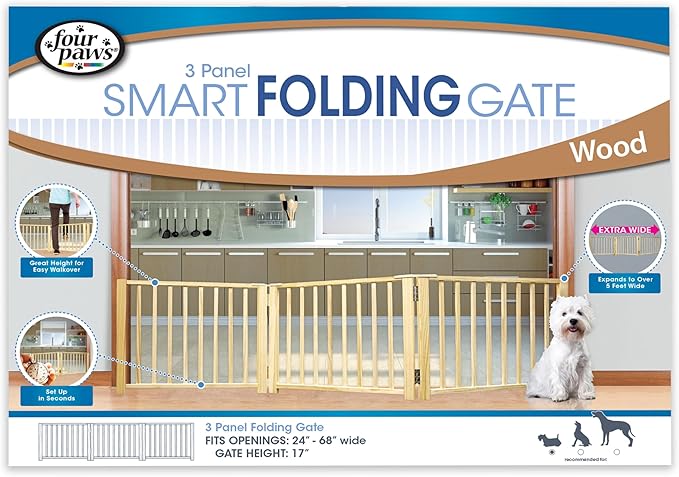 Four Paws Expandable Dog Gate, Wood Gate for Dogs, 3-Panel 24-68" W x 17" H