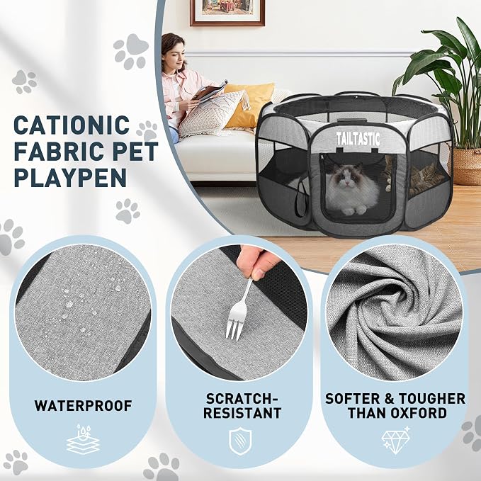 Portable Pet Playpen for Medium Dogs & Cats, Foldable Puppy Safety Pen with Removable Zipper Top, Breathable Mesh Dog Delivery Room, Indoor Isolation Cage for Pets (Light Grey, Medium)