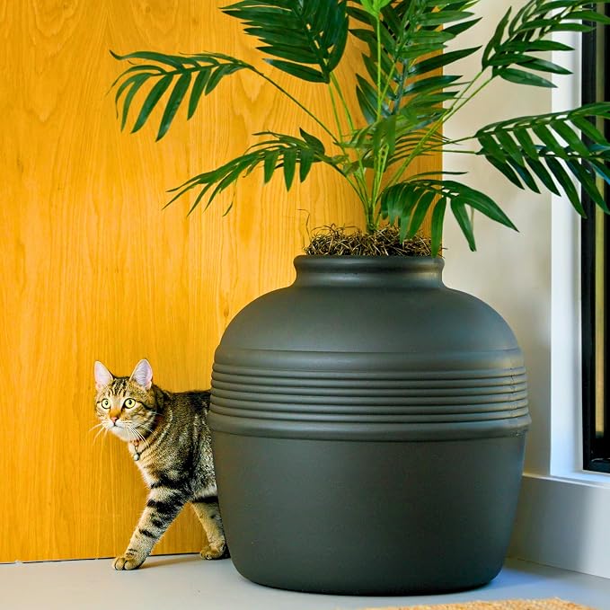 Good Pet Stuff Original Hidden Litter Box Planter, Decorative Cat Litter Enclosure, Carbon Filter, Faux Plant, Round Design, Easy to Clean, Base Kit, Palm Plant, Charcoal Black