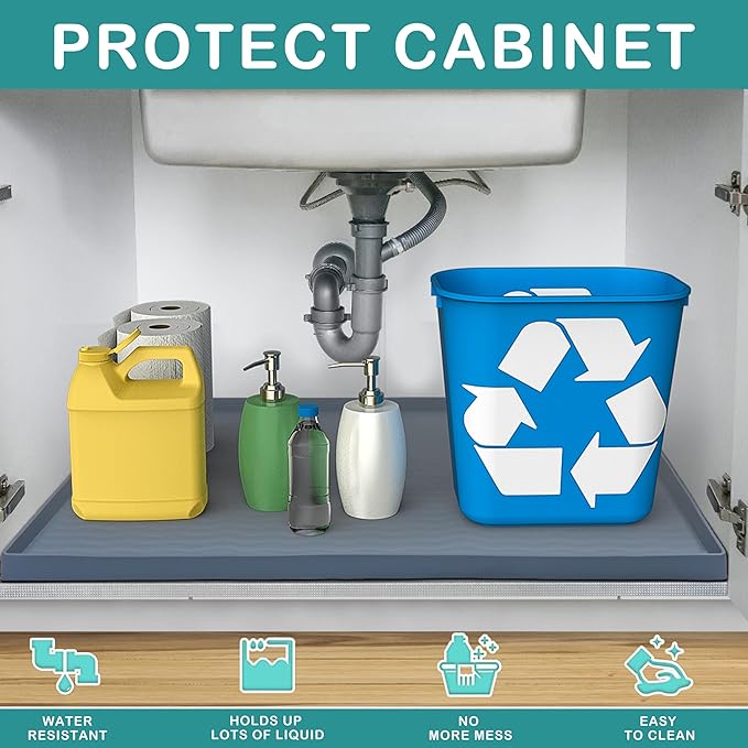URMONA Waterproof Silicone Under Sink Mat 28'' x 22'' Shelf Liner for Kitchen and Bathroom, Cabinet and Counter Protector, Storage and Organizers, Litter Mat, Pet Cat Puppy Essentials(Khaki)