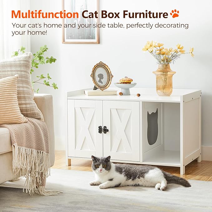 MAHANCRIS Cat Litter Box Enclosure, Hidden Litter Box Furniture with Divider, Indoor Cat House, Wooden Cat Washroom Storage Cabinet Bench, Side End Table Nightstand, White CWWT2501
