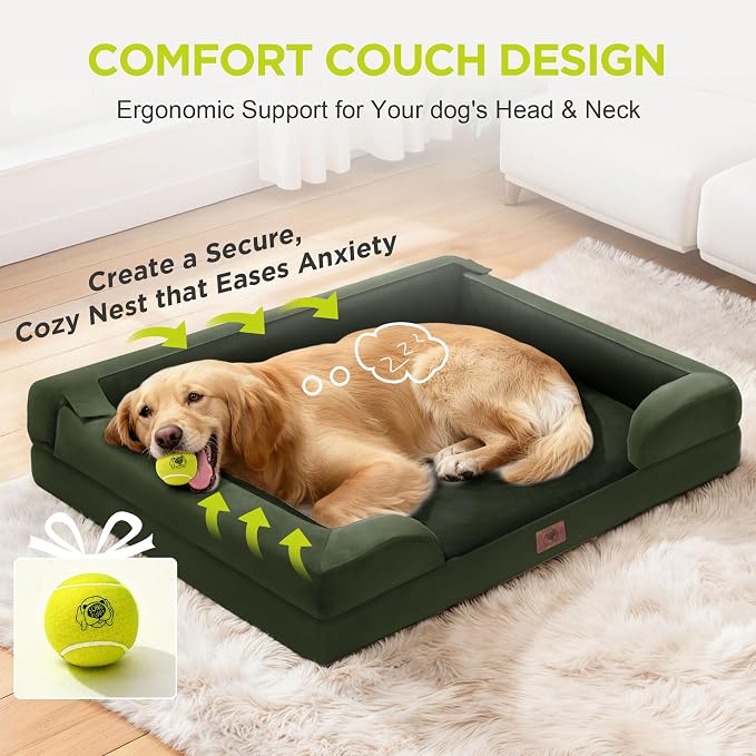 Orthopedic Memory Foam Dog Bed, 42 x 30, Waterproof for Large Dogs | Removable, washable cover • Waterproof memory foam liner • Bolstered couch design for joint relief • Includes tennis ball toy
